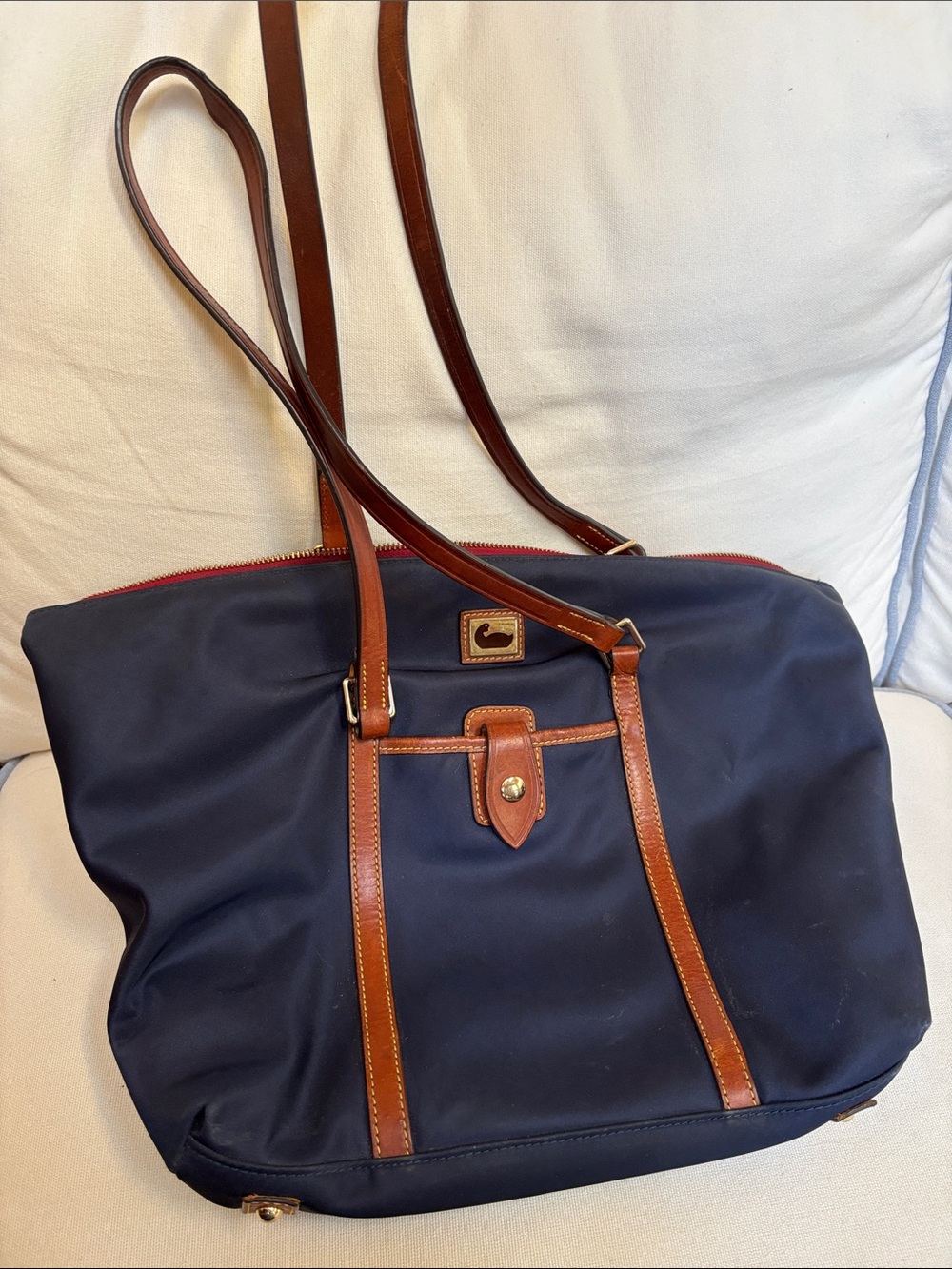 Dooney & Bourke Style Navy nylon Tote with Brown Leather Trim